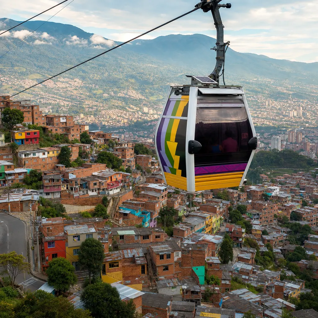 Medellín Metrocable gondola cabin ascending steep hillside over colorful comunas neighborhoods