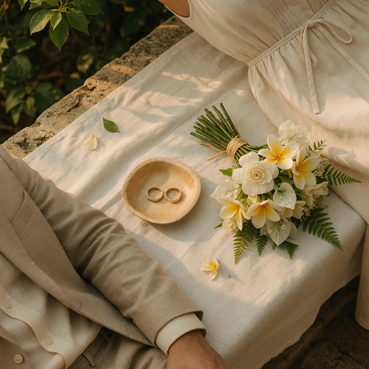 Simple civil wedding details with rings, bouquet, and warm Colombian courtyard light