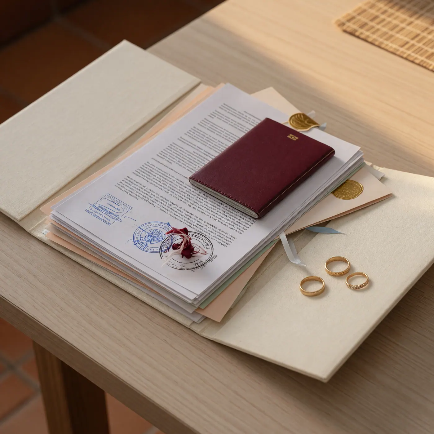 Organized marriage documents, passport, apostille pages, translations, and rings