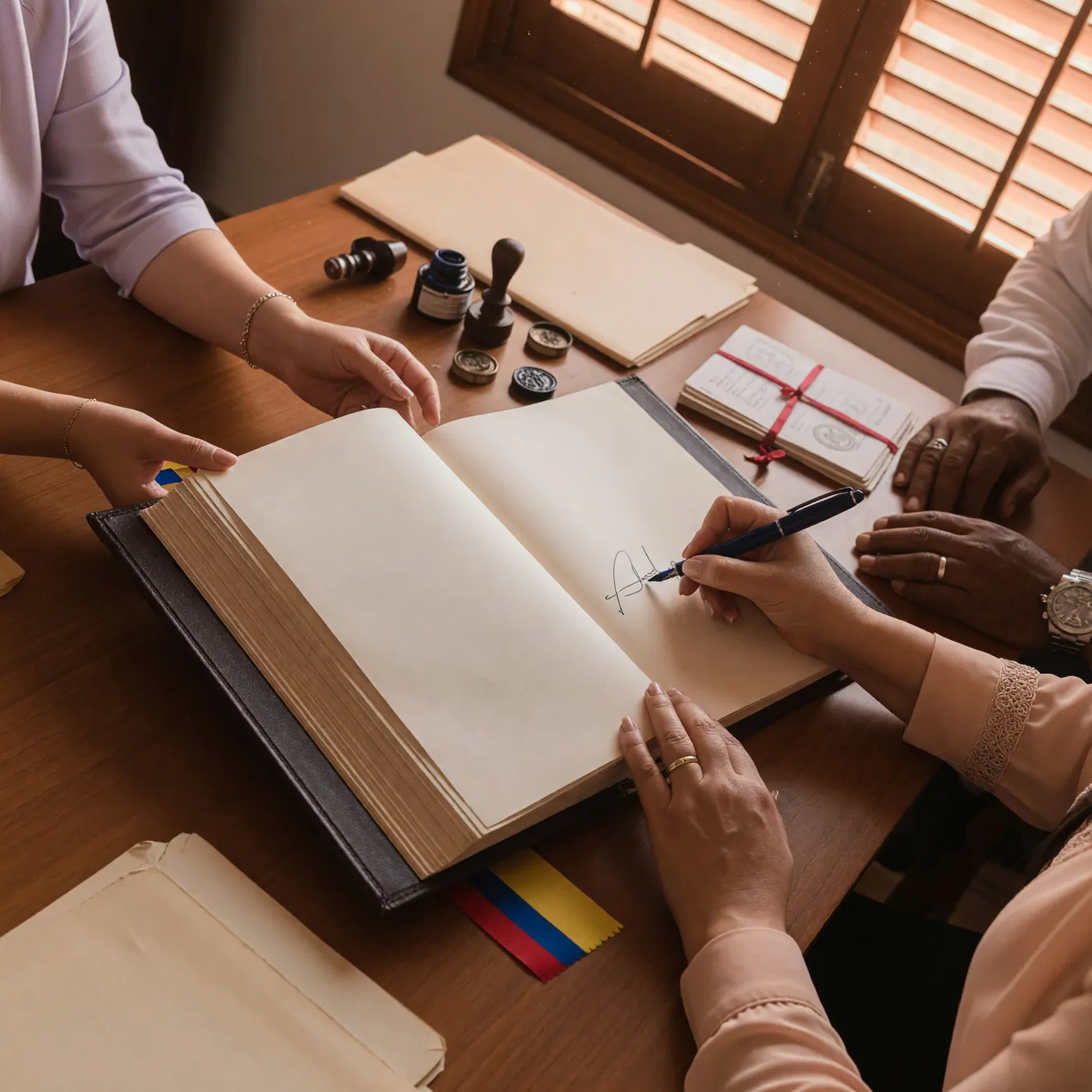 Hands signing a civil marriage book at a Colombian notaria appointment