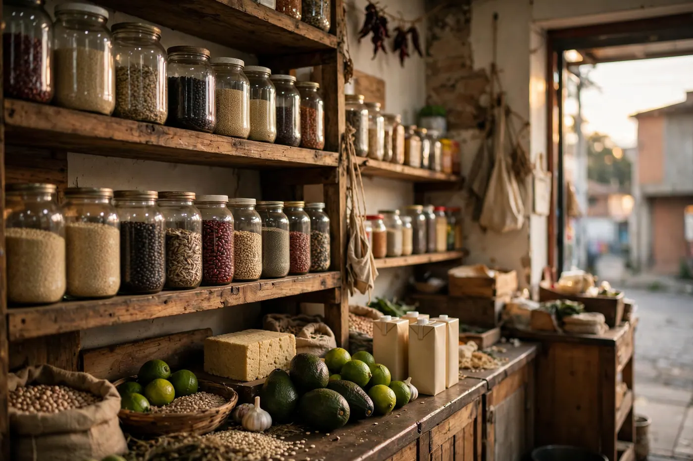 Neighborhood grocery shelves with glass jars of quinoa, beans and seeds, plant-milk cartons, panela, avocados and limes