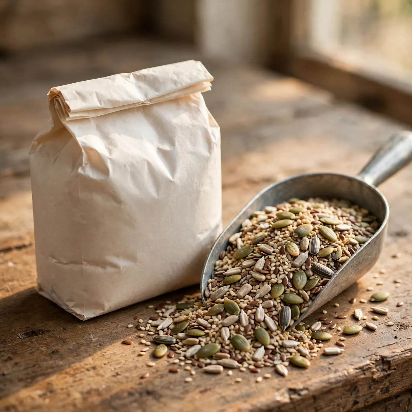 Sealed bag of flour beside an open bulk scoop of seeds on a worn wooden counter