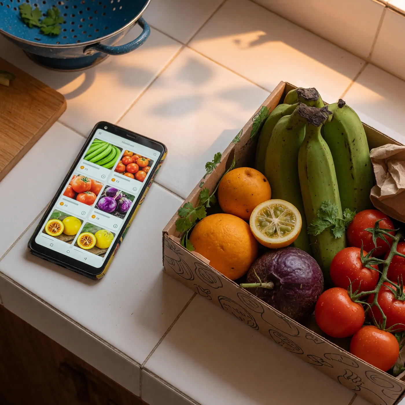 An unlocked smartphone showing a grocery app next to fresh tropical produce on a kitchen counter.