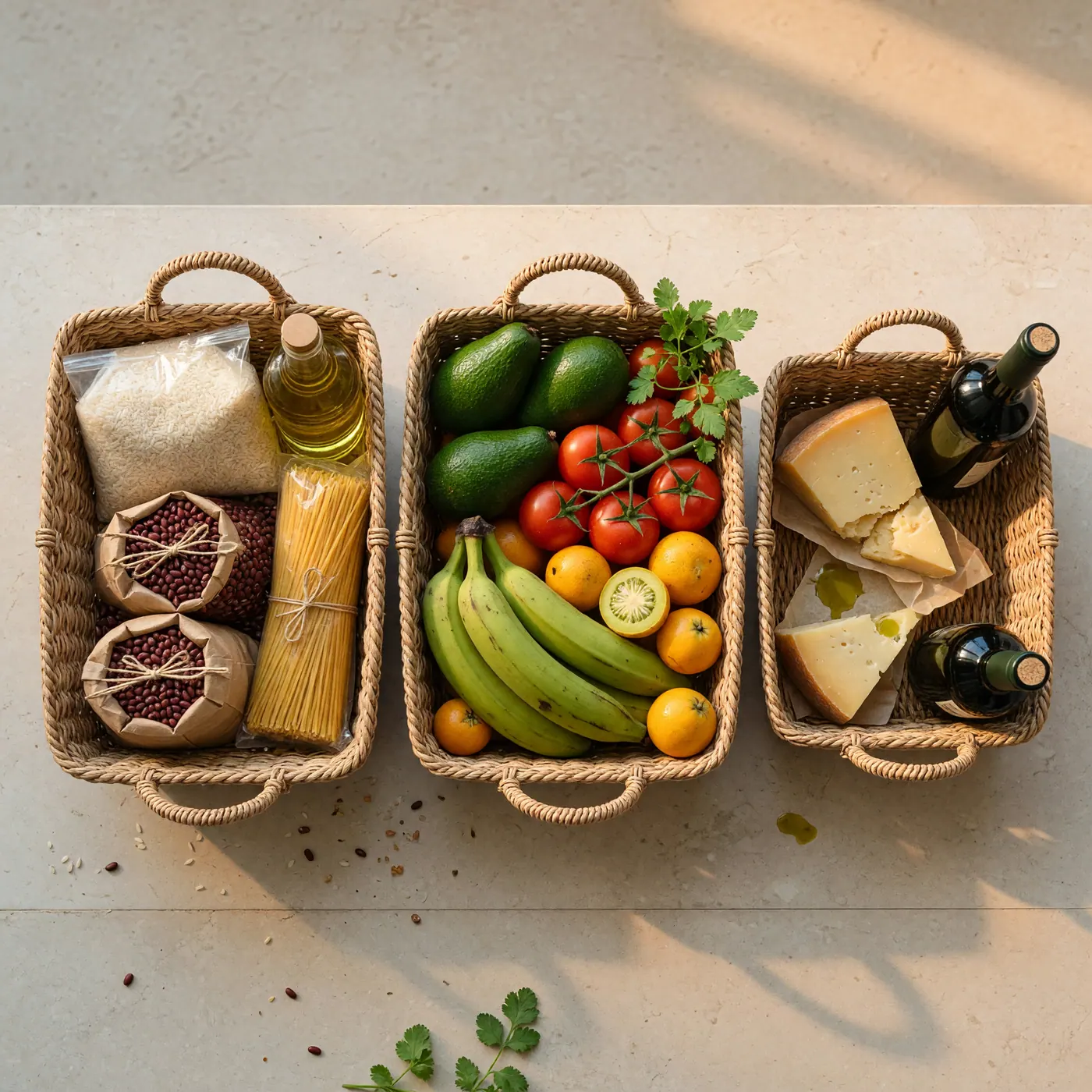 Three grocery baskets comparing pantry staples, Colombian produce and premium foods