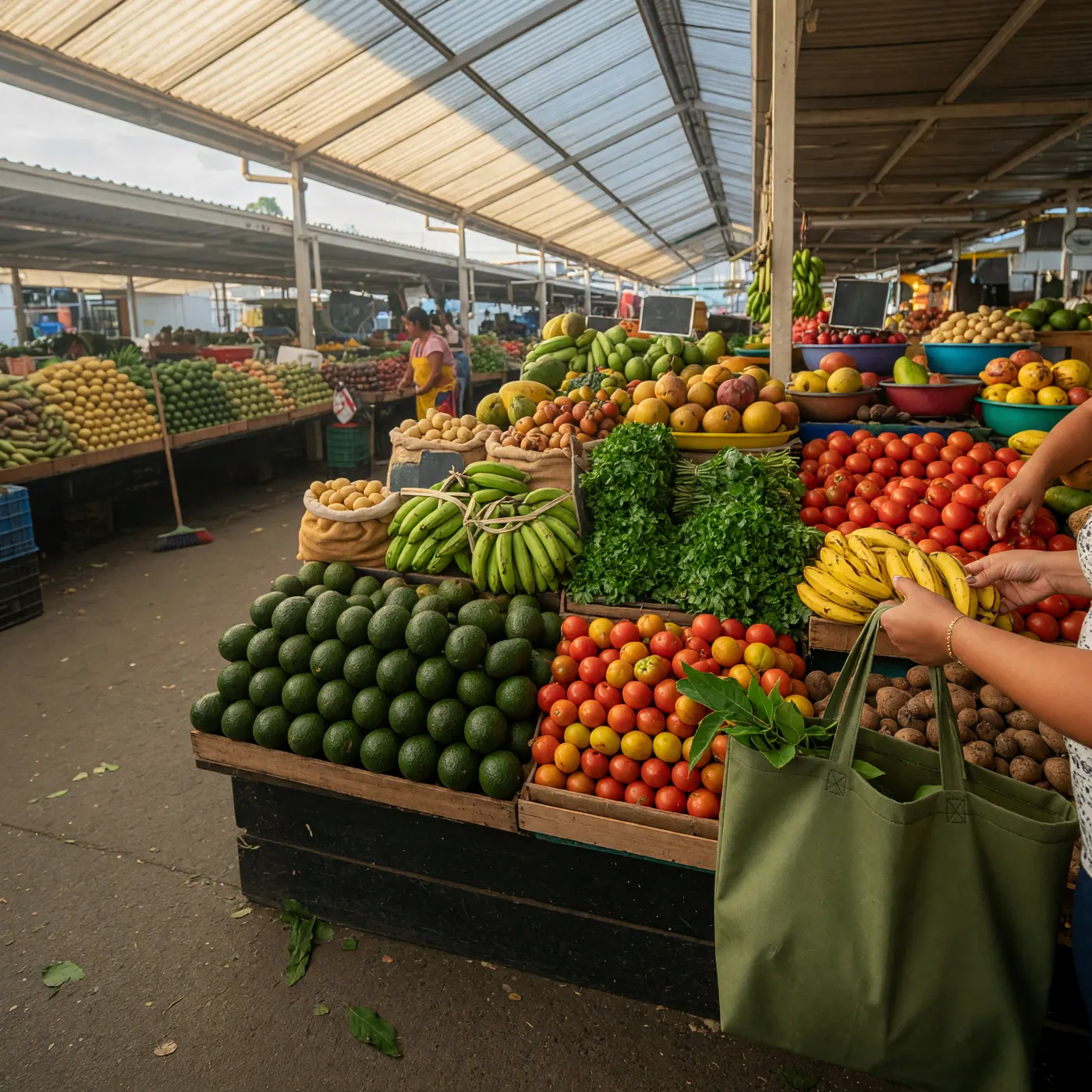 Fresh Colombian produce displayed inside a covered plaza de mercado