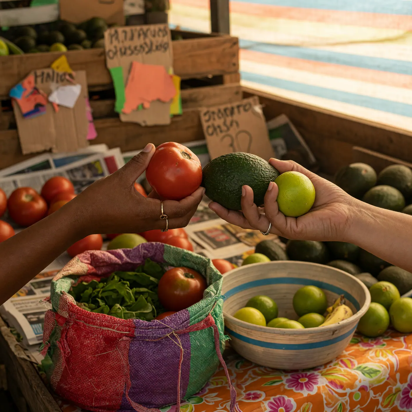 Hands comparing tomatoes, an avocado, and limes at a produce stall