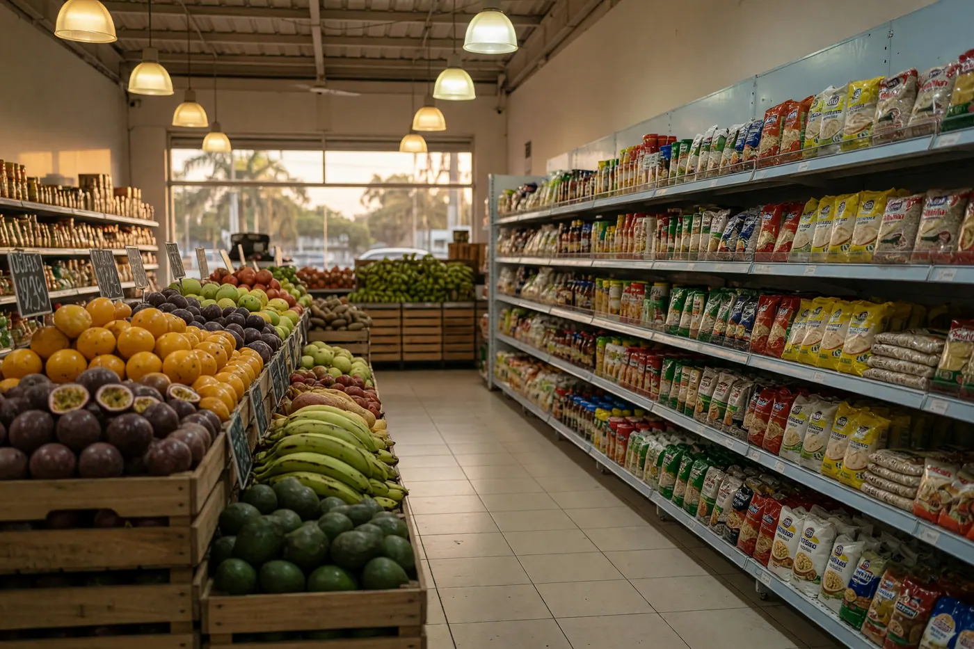 Fresh Colombian produce displayed in wooden crates inside a clean, well-lit modern supermarket aisle