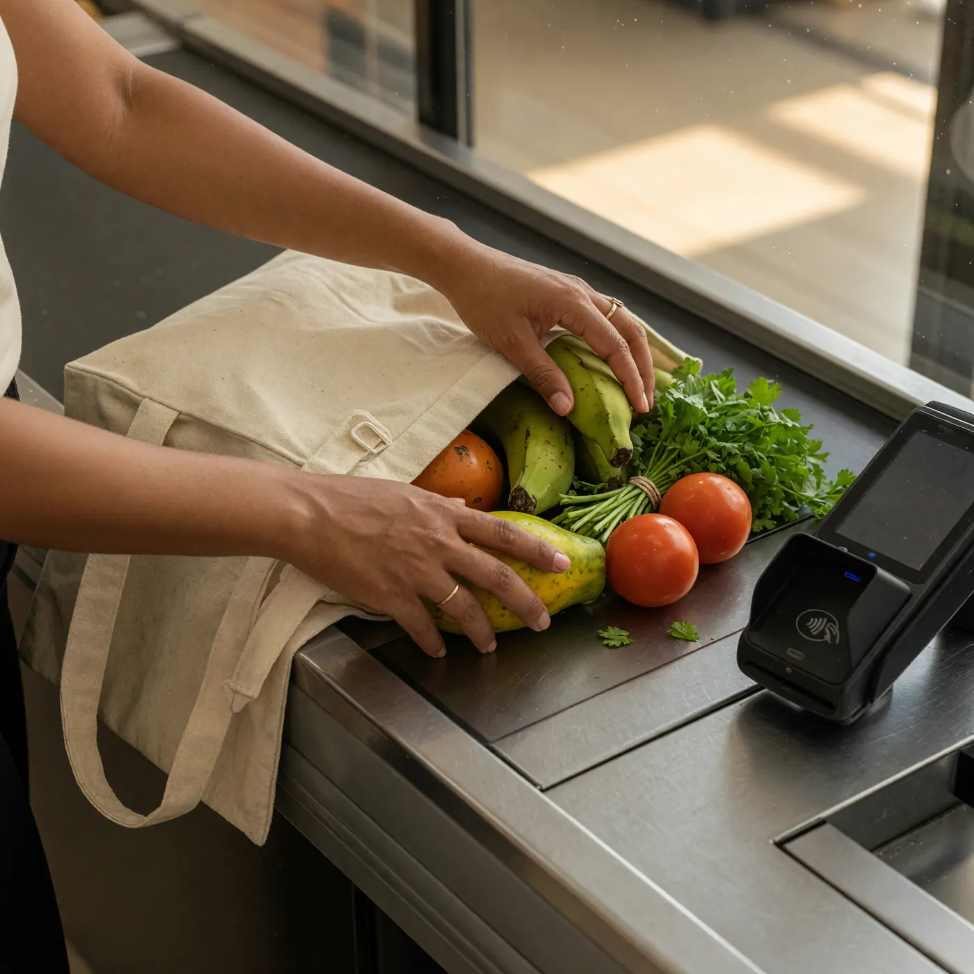 Shopper unloading groceries and reusable canvas bag onto a supermarket checkout counter