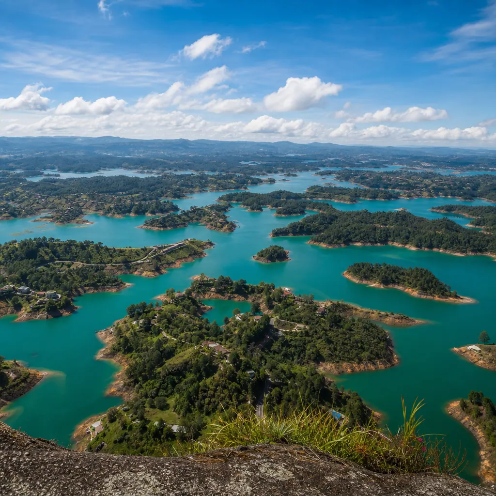 View from the top of El Peñón de Guatapé looking down over the Embalse Guatapé reservoir with dozens of small green peninsulas and inlets spreading into the distance