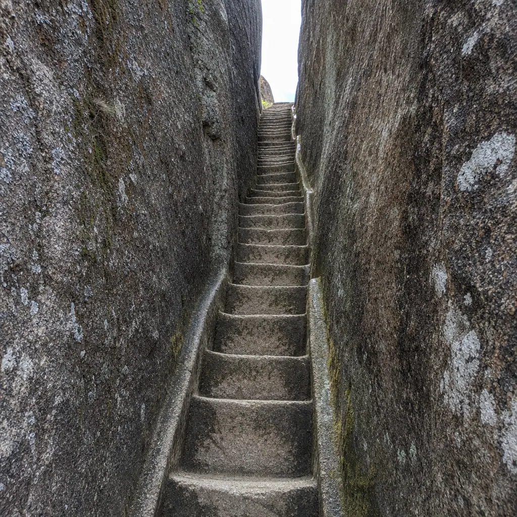 The narrow stone staircase carved into the rock crack of La Piedra del Peñol in Guatapé, Colombia — 740 steps to the summit