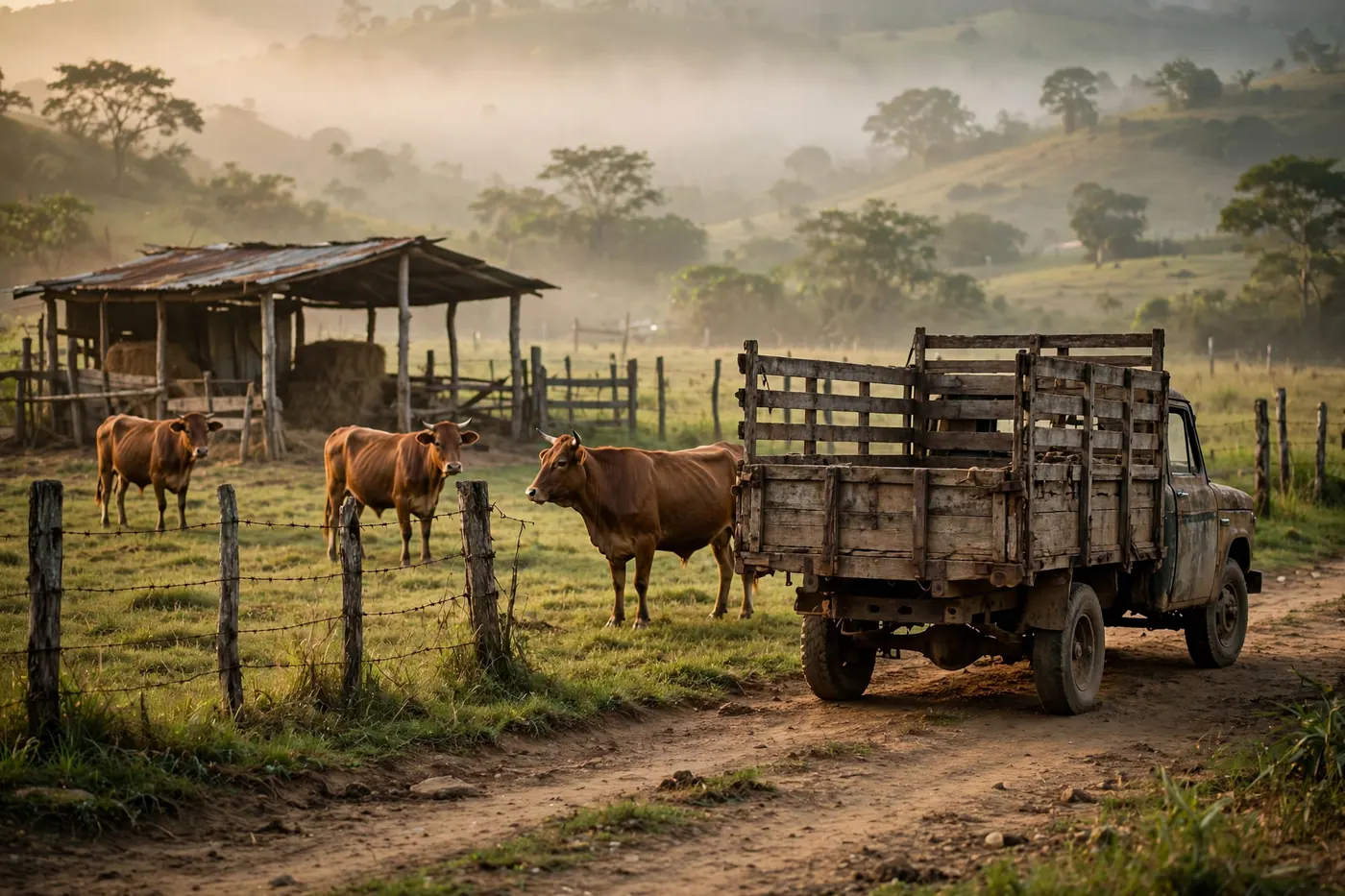 Ganado bovino junto a un camión de estacas, cerca de alambre y pasto en un predio rural al amanecer