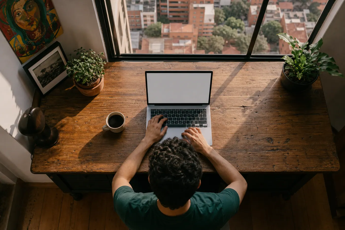 Persona publicando un anuncio en línea desde un laptop en un apartamento en Colombia