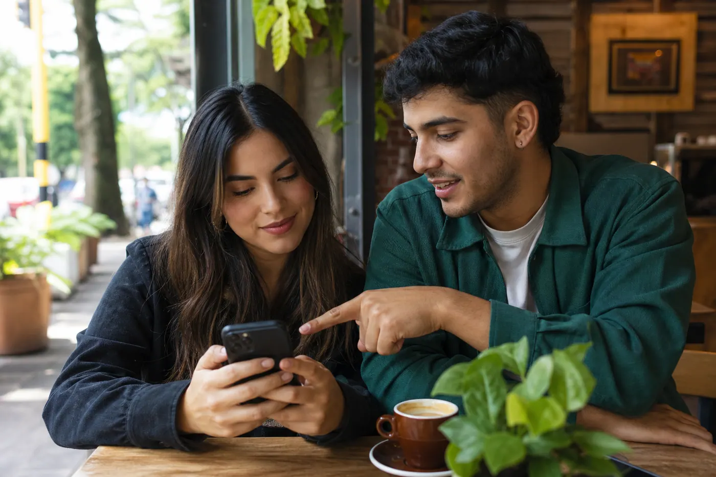 Dos colombianos en un café de Medellín, uno ayudando al otro a escribir una pregunta en el celular