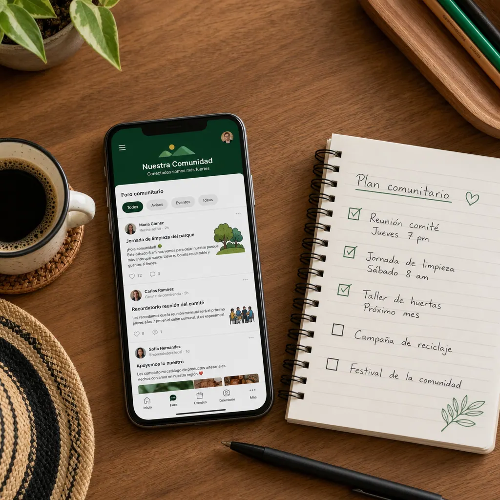 Smartphone con app de comunidad, libreta de notas y tinto — claves para hacer preguntas útiles en Colombia
