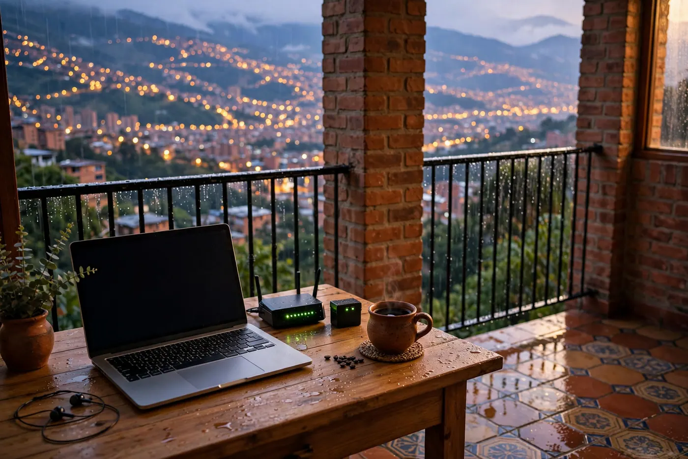 Wooden desk on a brick Colombian balcony with a laptop, fiber router, mini-UPS, coffee cup, and rainy valley city lights