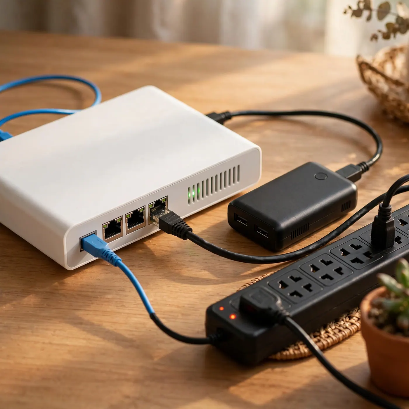 White fiber modem with Ethernet cables beside a black power bank and a surge-protector strip on a wooden table