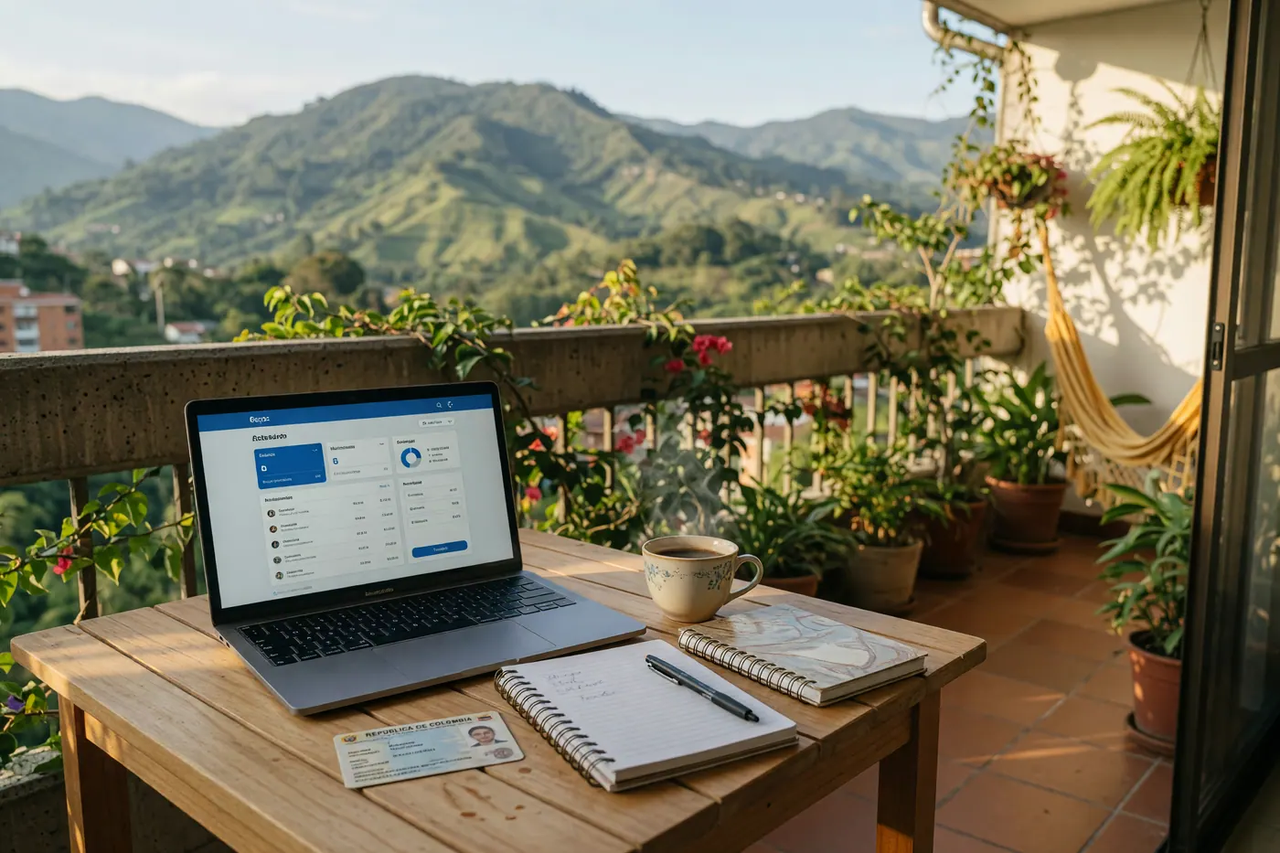 Laptop with a digital banking dashboard, Colombian identity card, notebooks, and coffee on a sunlit Medellín balcony