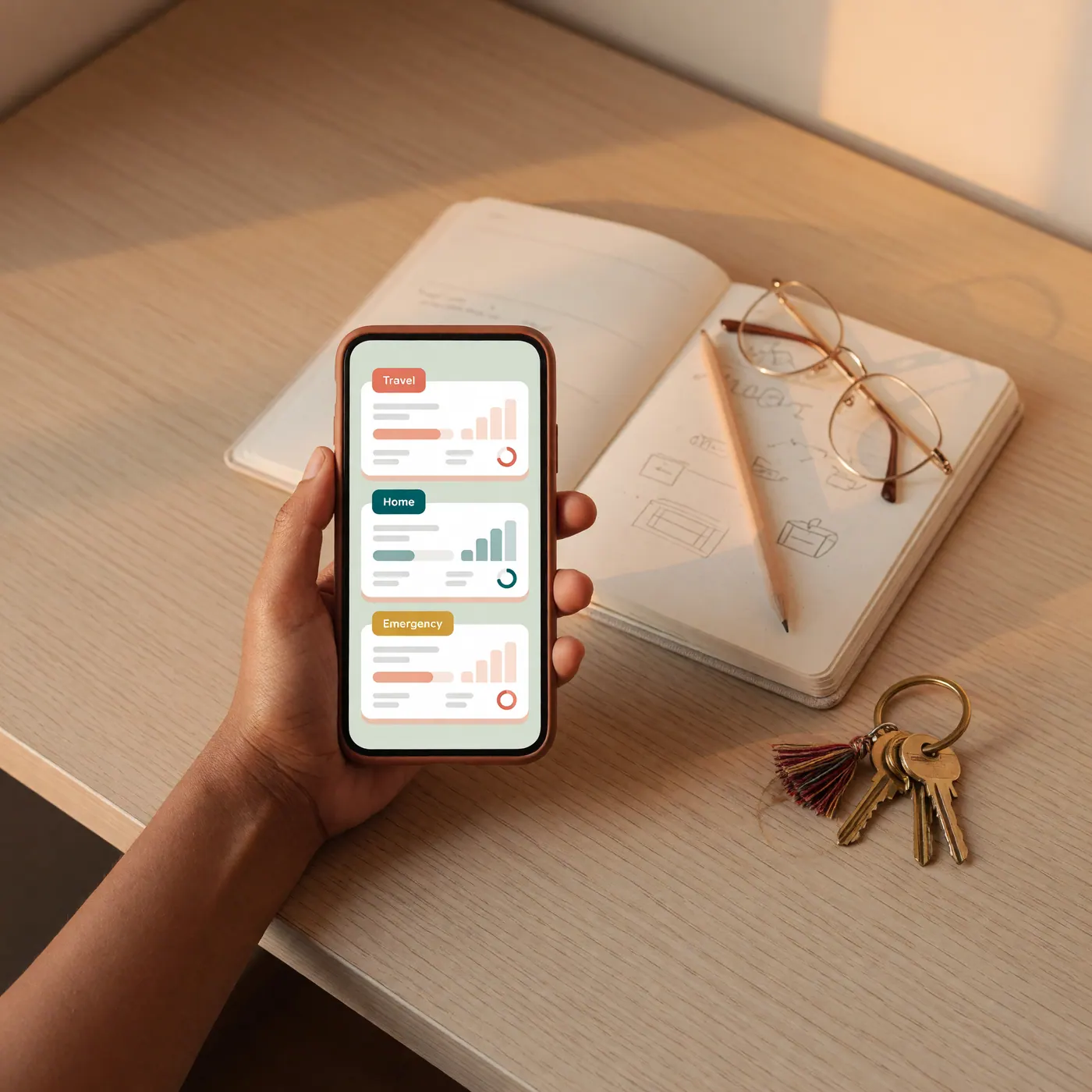 Hand holding a smartphone with organized savings sub-accounts beside a journal, glasses, and keys