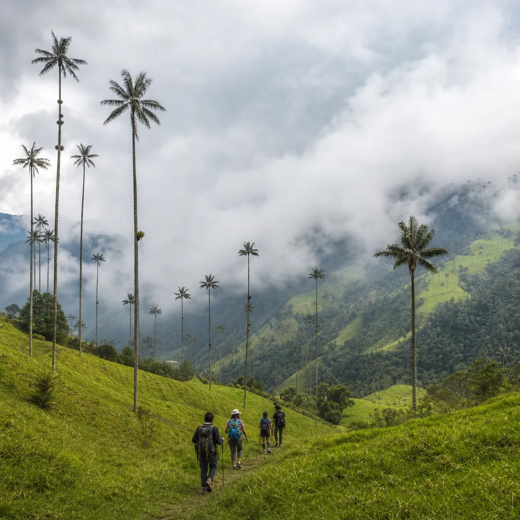 Hikers walking through Cocora Valley, Colombia, surrounded by towering wax palm trees in the mist