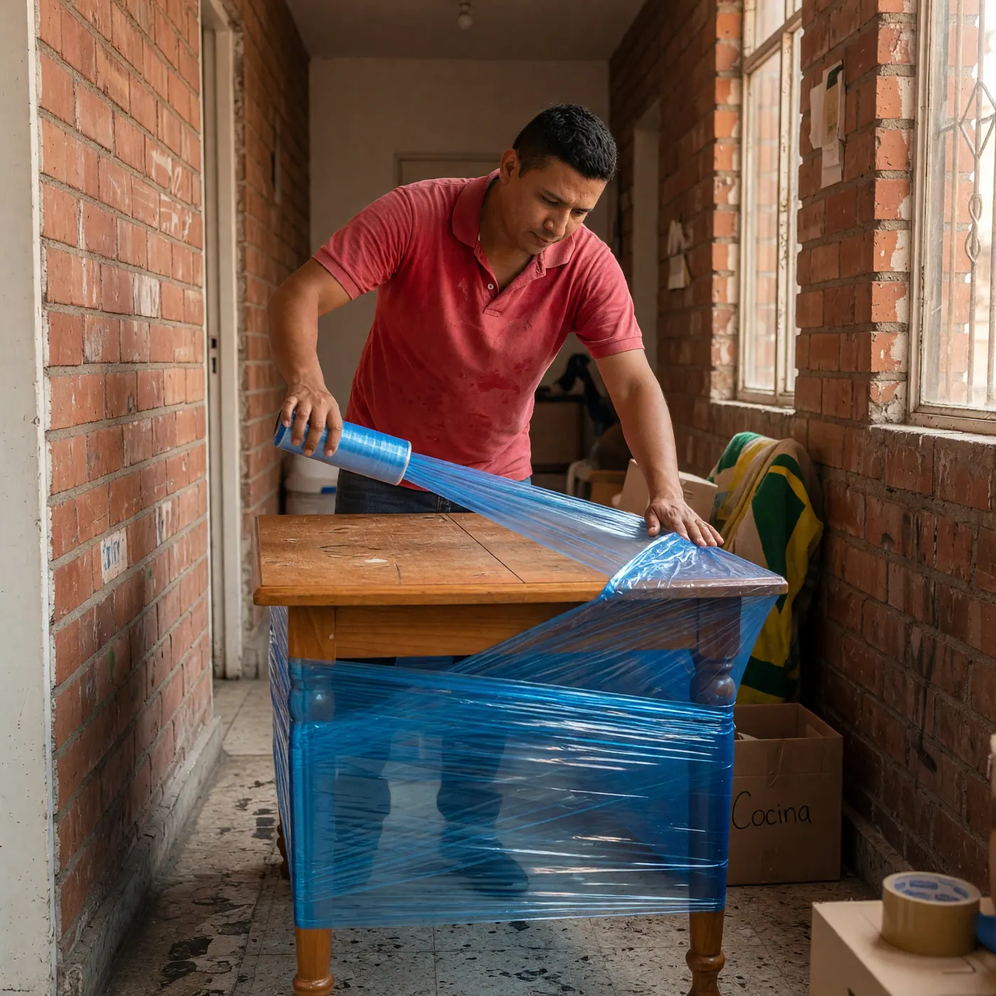 A moving helper wrapping a wooden dining table in blue stretch wrap in an apartment building hallway