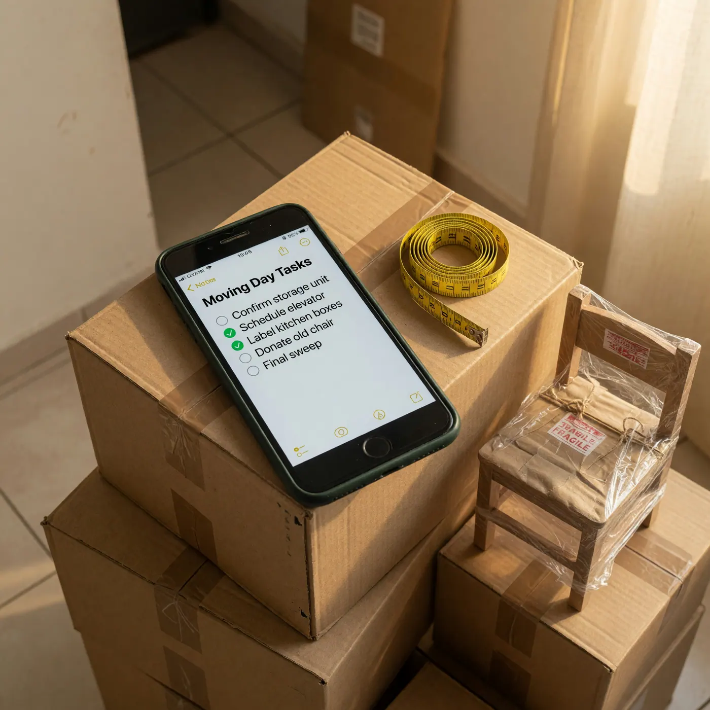 Smartphone showing a typed moving checklist resting on cardboard boxes next to a measuring tape and a wrapped wooden chair