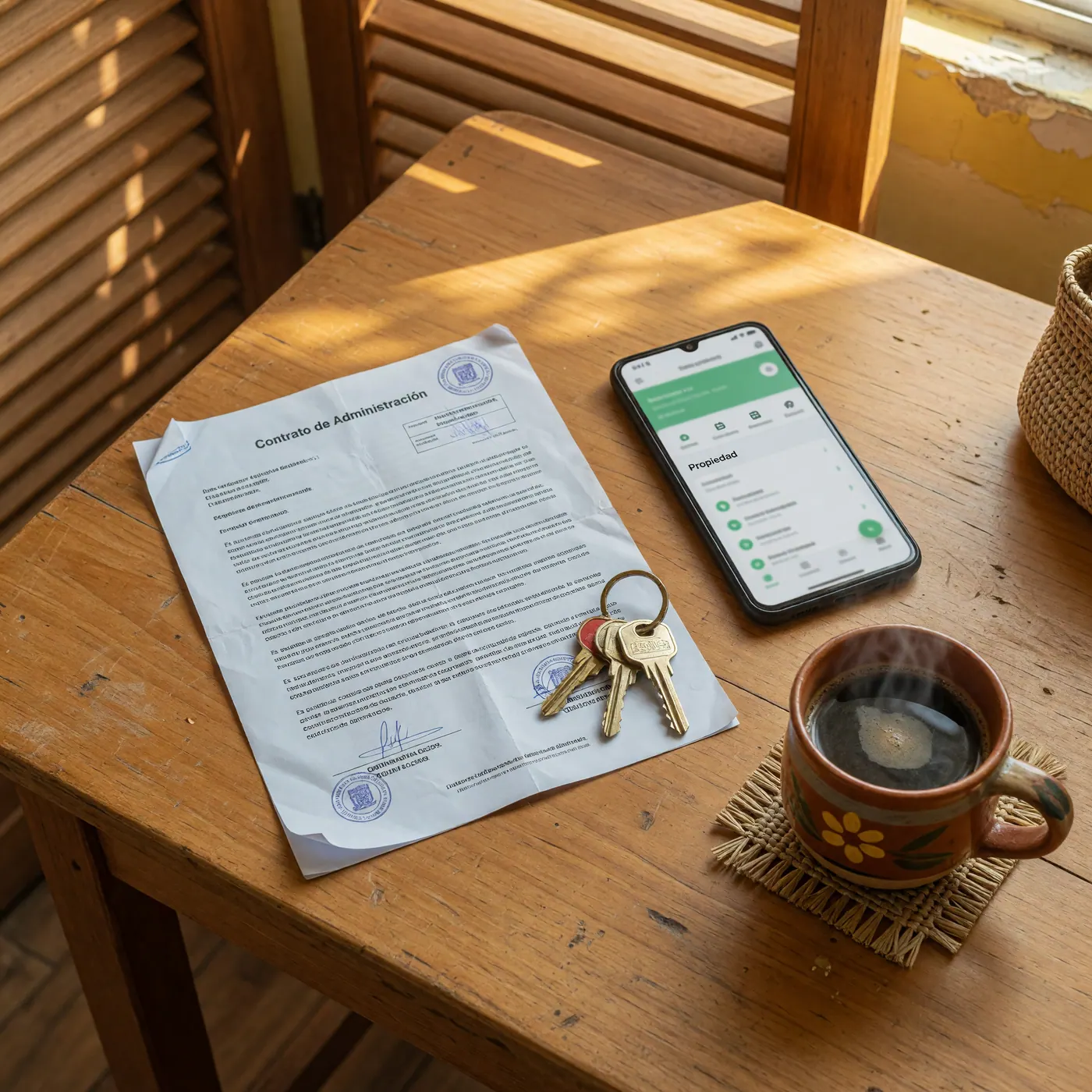 Wooden table with a property administration contract, apartment keys, a smartphone, and a cup of coffee inside a Colombian apartment.