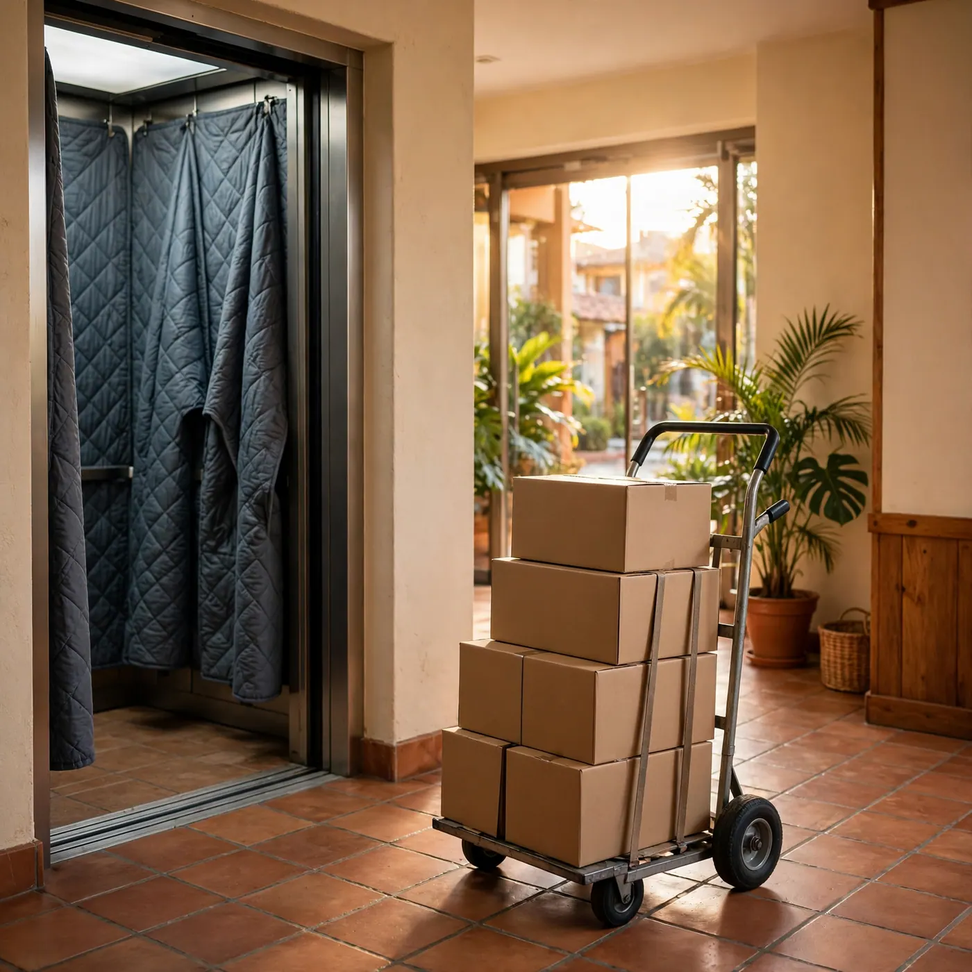 Quilted pads lining an apartment elevator cab beside a hand truck stacked with cardboard moving boxes.