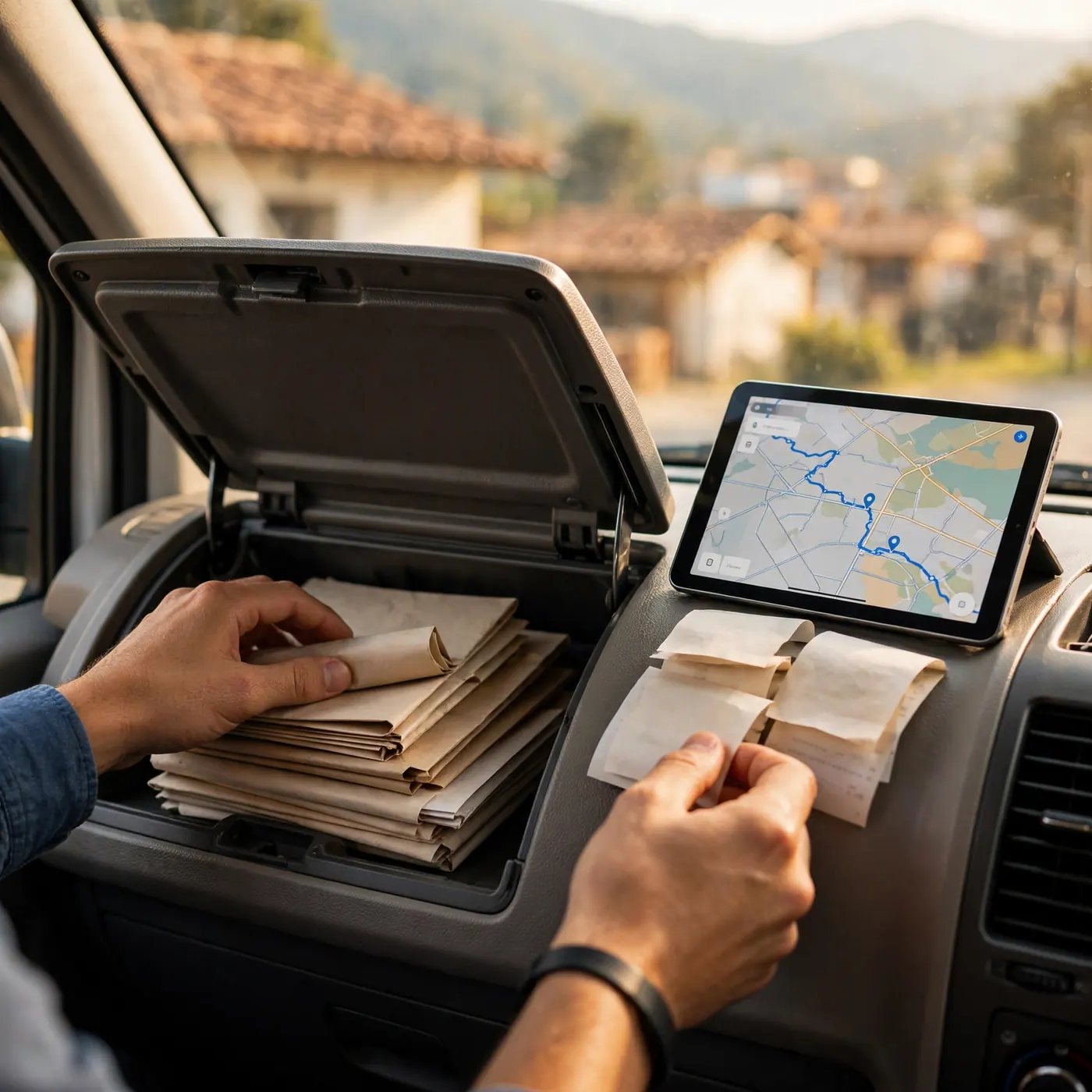 Travel route navigation tablet and highway toll tickets inside a private transport vehicle in Colombia