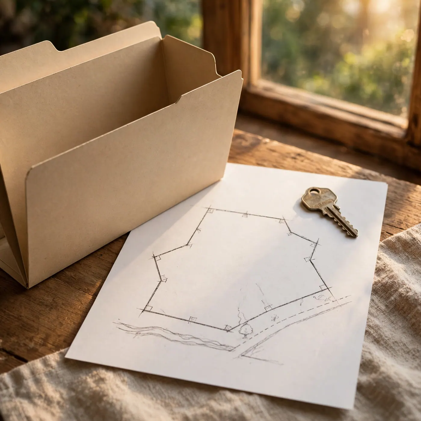 Open folder, metal key and hand-drawn property boundary sketch on a table beside a window