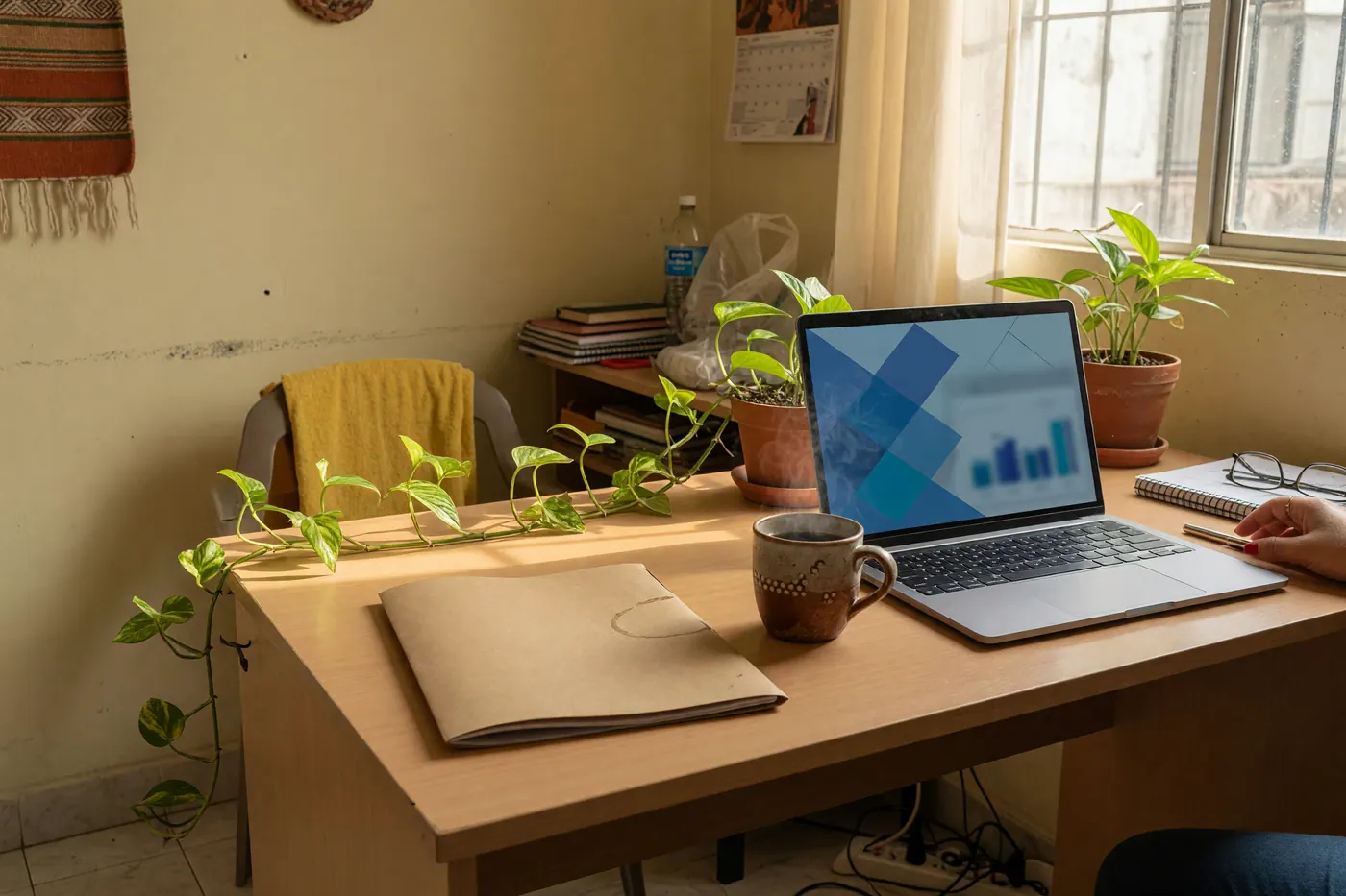 Computador portátil abierto en un escritorio de madera junto a una taza de café y una carpeta en un estudio colombiano luminoso.