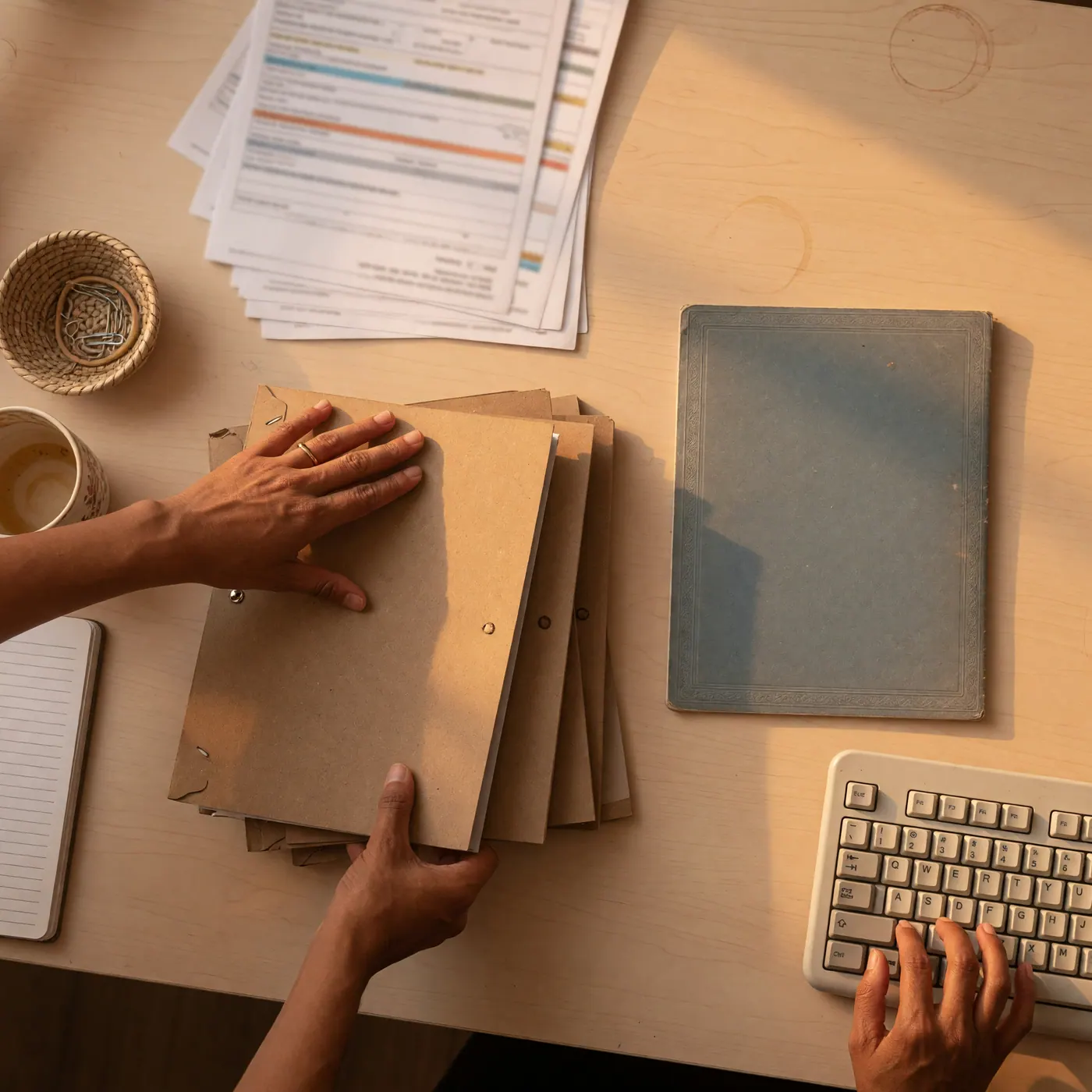 Manos organizando carpetas y documentos desenfocados al lado de un teclado de computador.