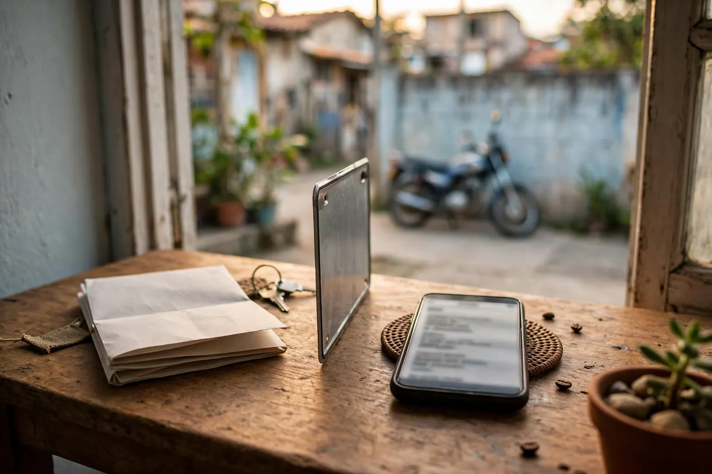 Mesa de madera junto a una ventana con documentos de vehículo, una placa de moto de canto, un celular con texto ilegible y una moto desenfocada en el patio