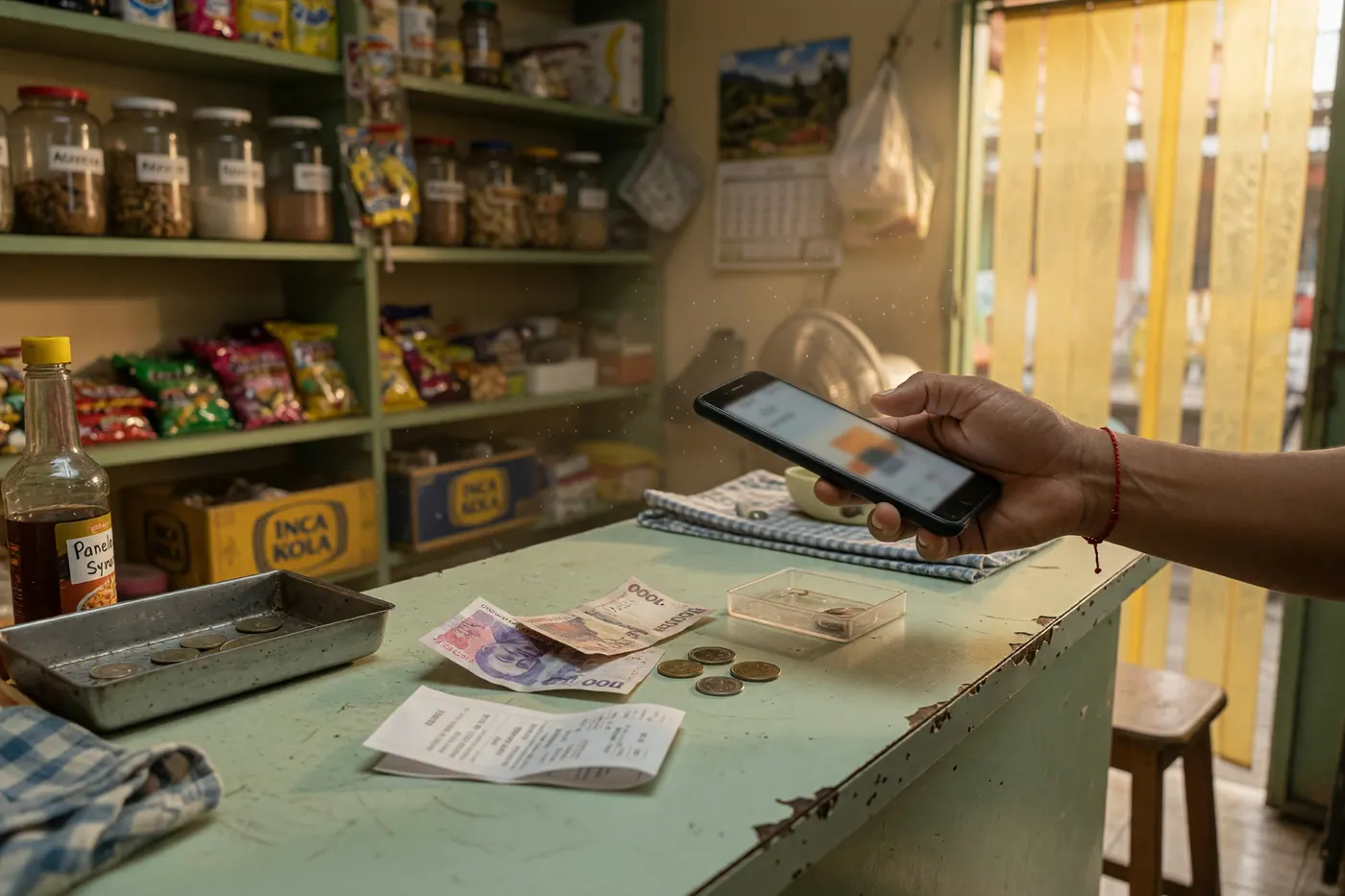 Hand holding a smartphone above Colombian pesos, coins, and a receipt at a small shop counter