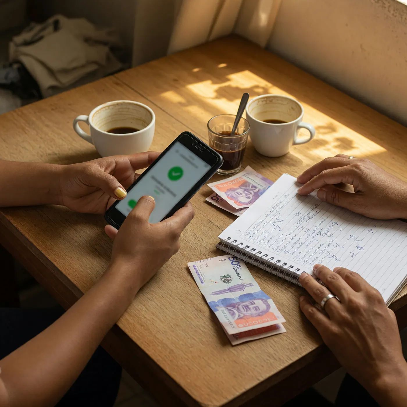 Hands checking a phone beside Colombian pesos, coffee cups, and a notebook of shared expenses