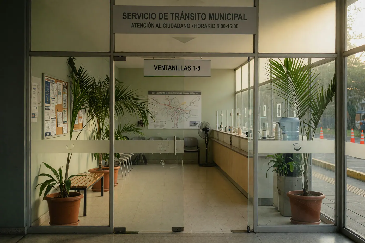 Entrance to a Colombian municipal transit service office with glass doors and service windows