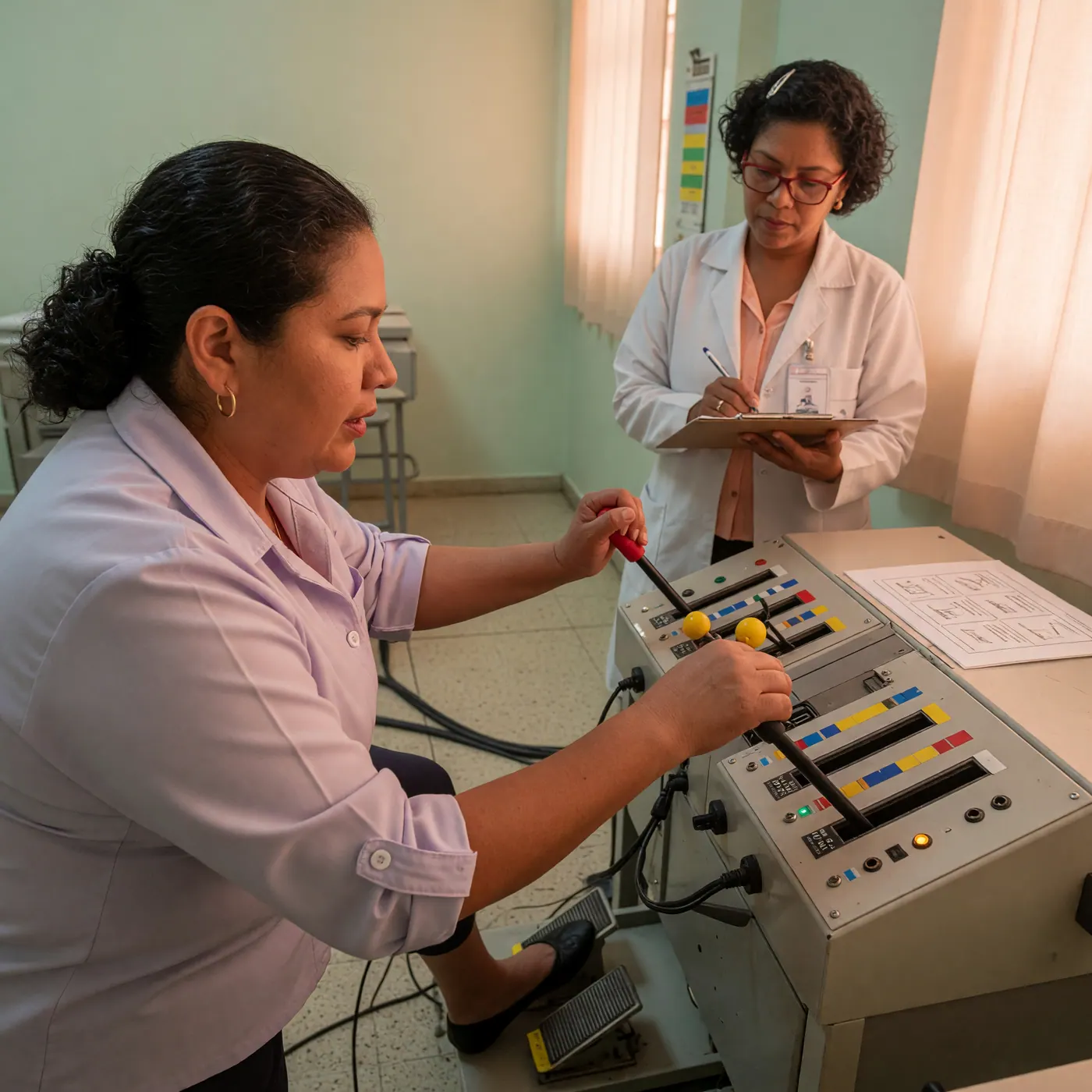Applicant using a motor-coordination testing apparatus while a technician records results