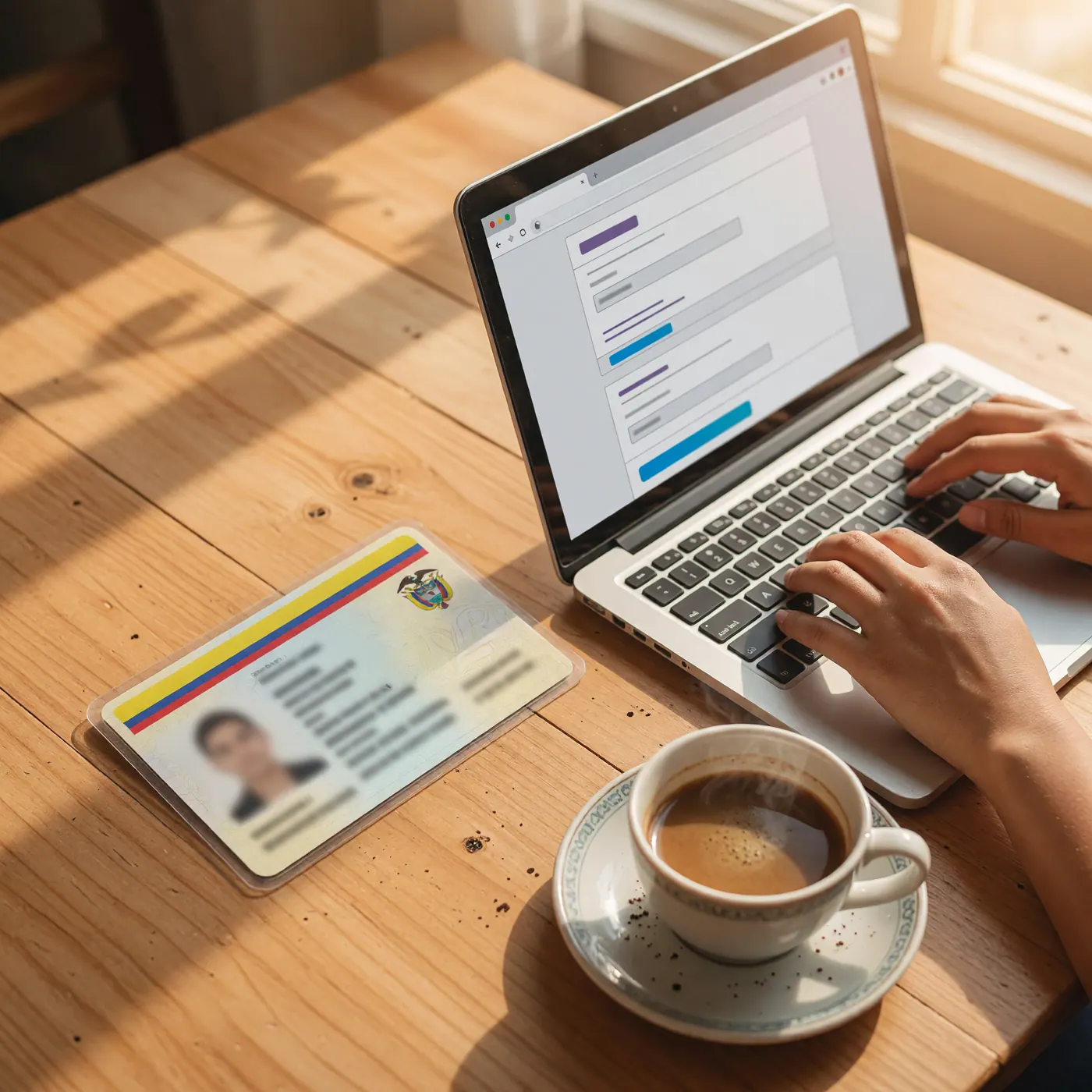Hands using a laptop beside an identification card and coffee on a wooden table