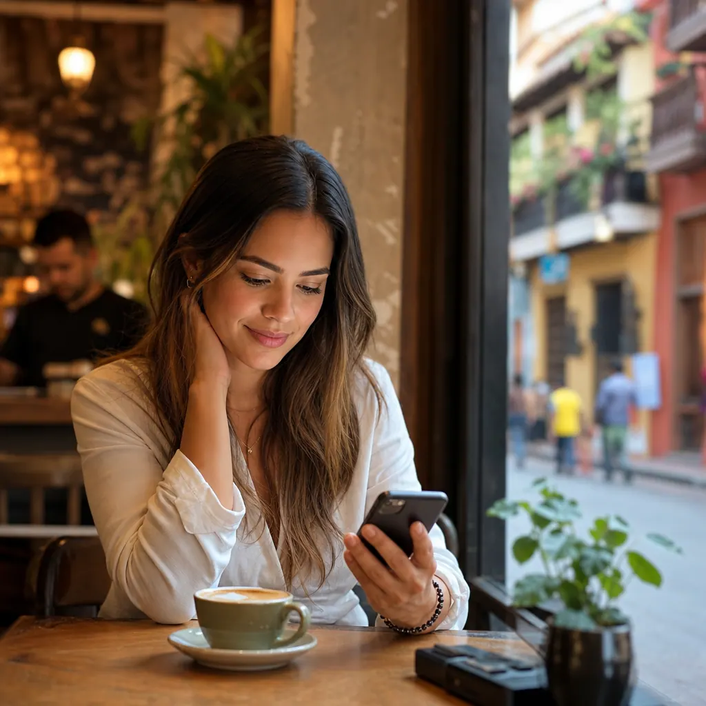 Person browsing seller reviews on a smartphone in a Colombian café
