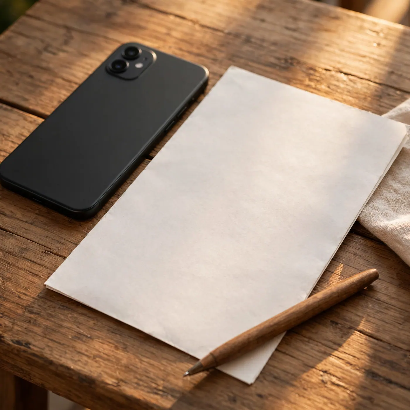 Face-down phone beside a blank sheet of paper and a pen on a wooden table