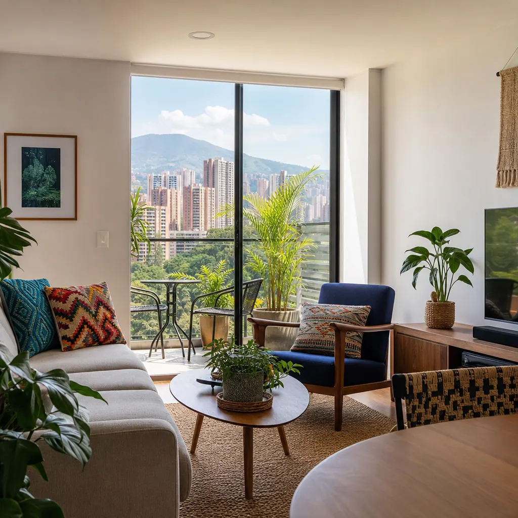 Bright furnished apartment living room in Medellín Colombia with large windows and natural light