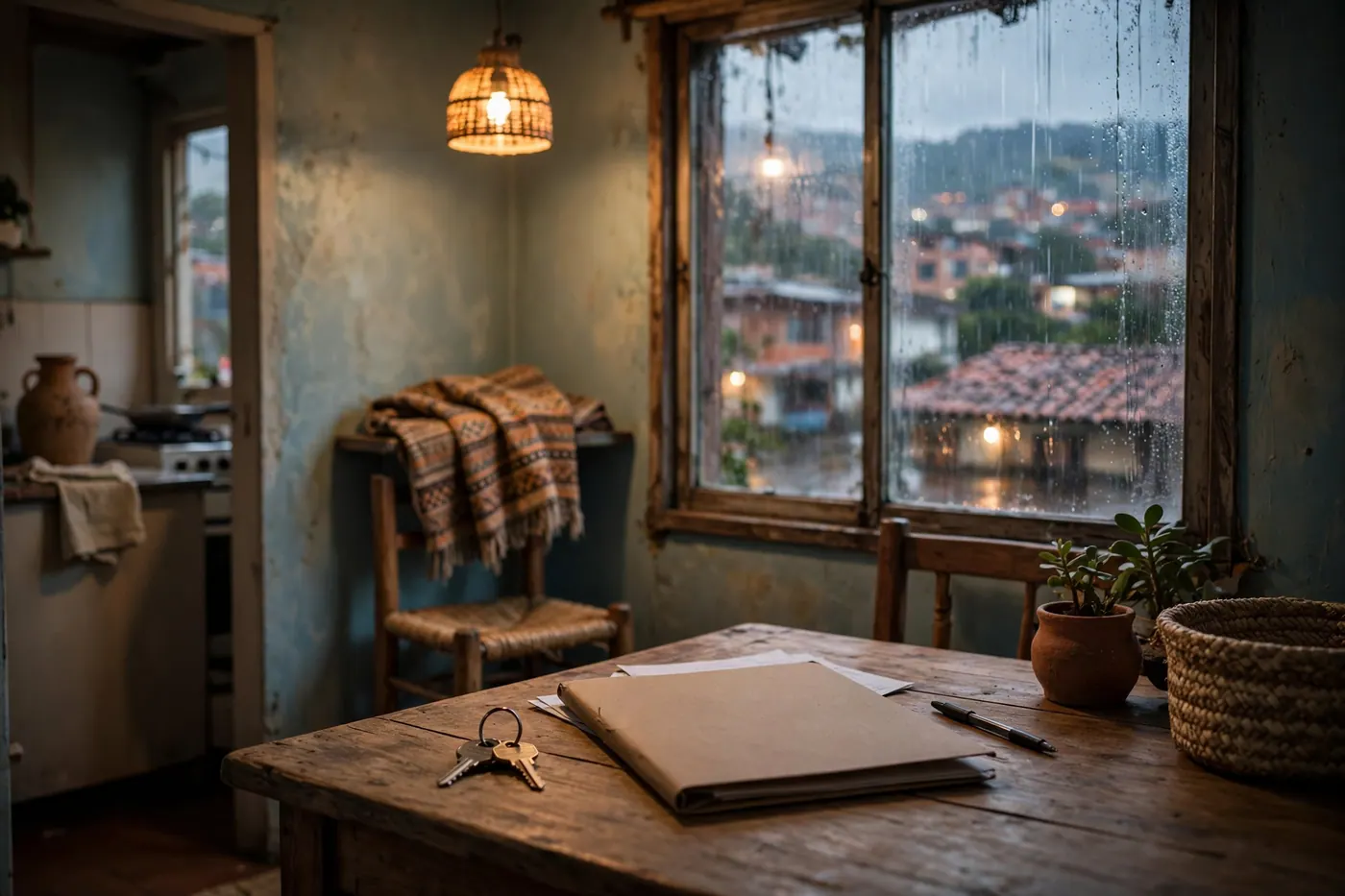 Rainy evening in a modest apartment with house keys, a closed folder and a pen on a wooden table