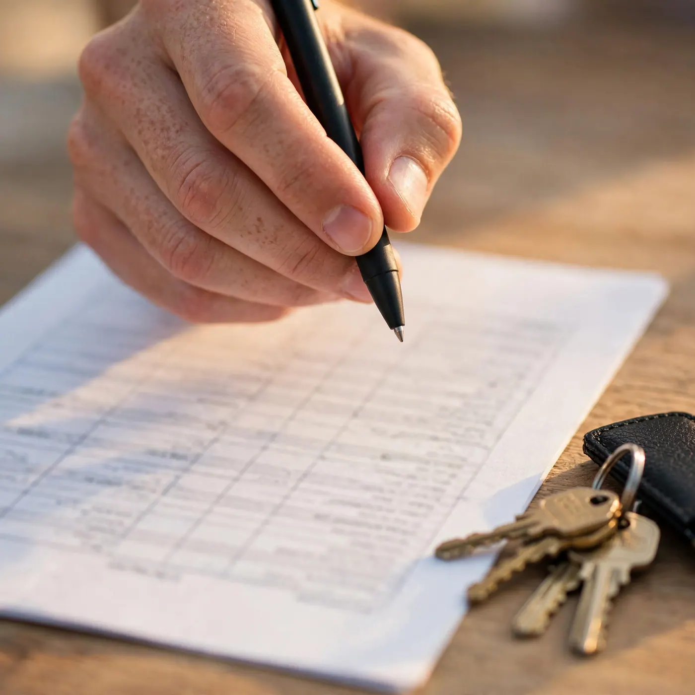 Hand holding a pen over a blurred printed table on paper, next to a set of keys