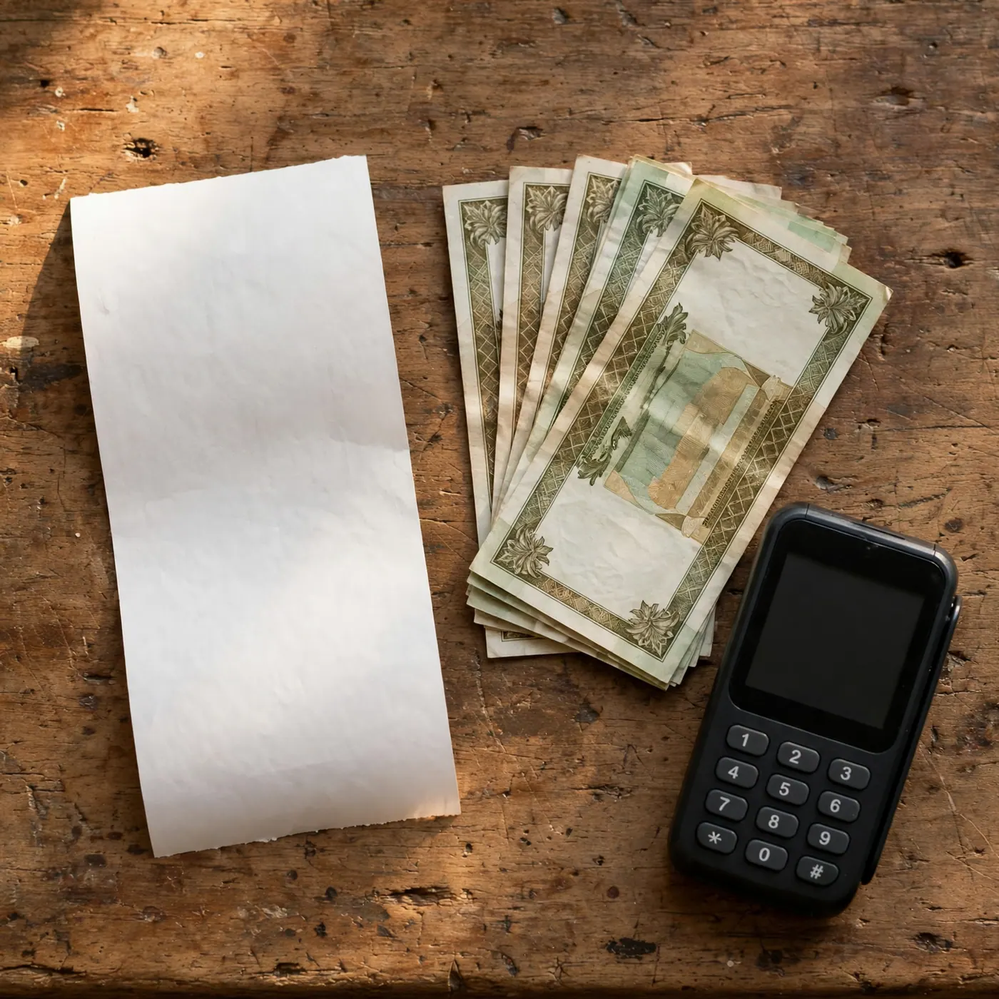 Close-up of a counter with a paper bill, counted peso notes, a receipt, and a payment terminal