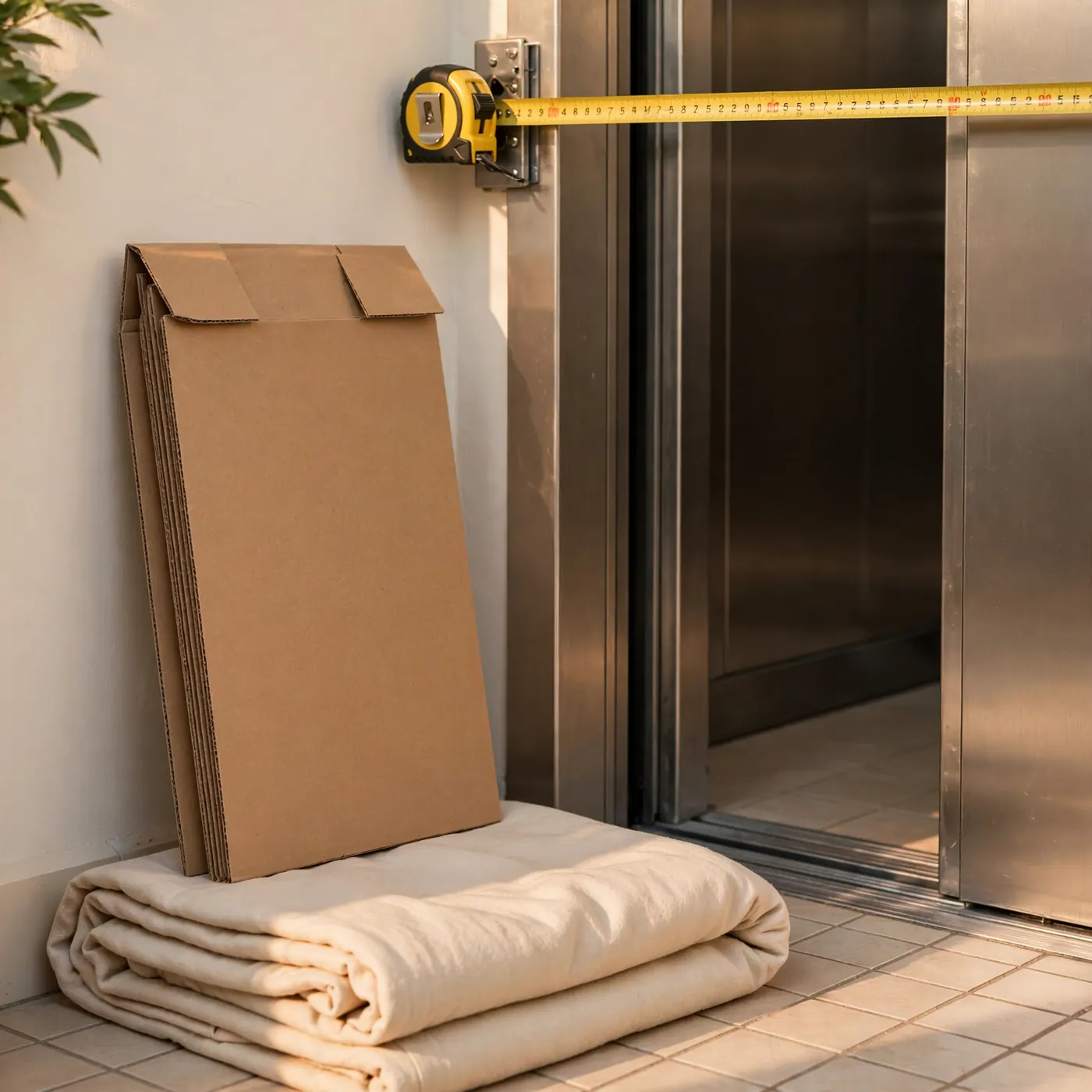 Unopened flat-pack carton beside a door frame with a tape measure and a folded moving blanket