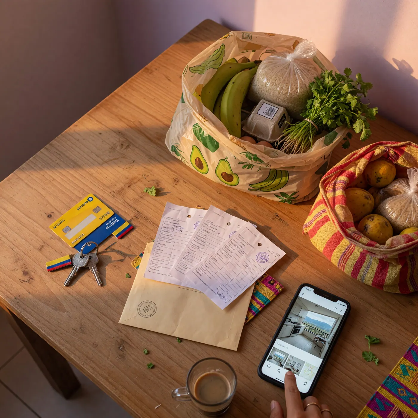 Mesa con recibos de arriendo, mercado y un anuncio de apartamento en el celular