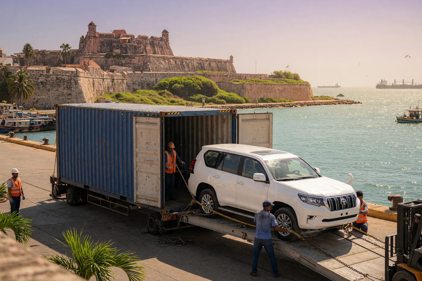 A brand-new SUV being unloaded from a container at the Port of Cartagena, Colombia