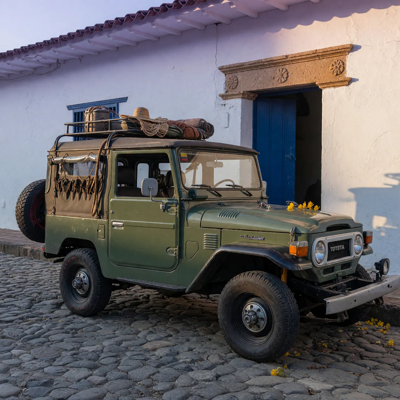 A restored vintage 1970s Toyota Land Cruiser FJ40 on a cobblestone street in front of a white-walled colonial building in Villa de Leyva, Colombia