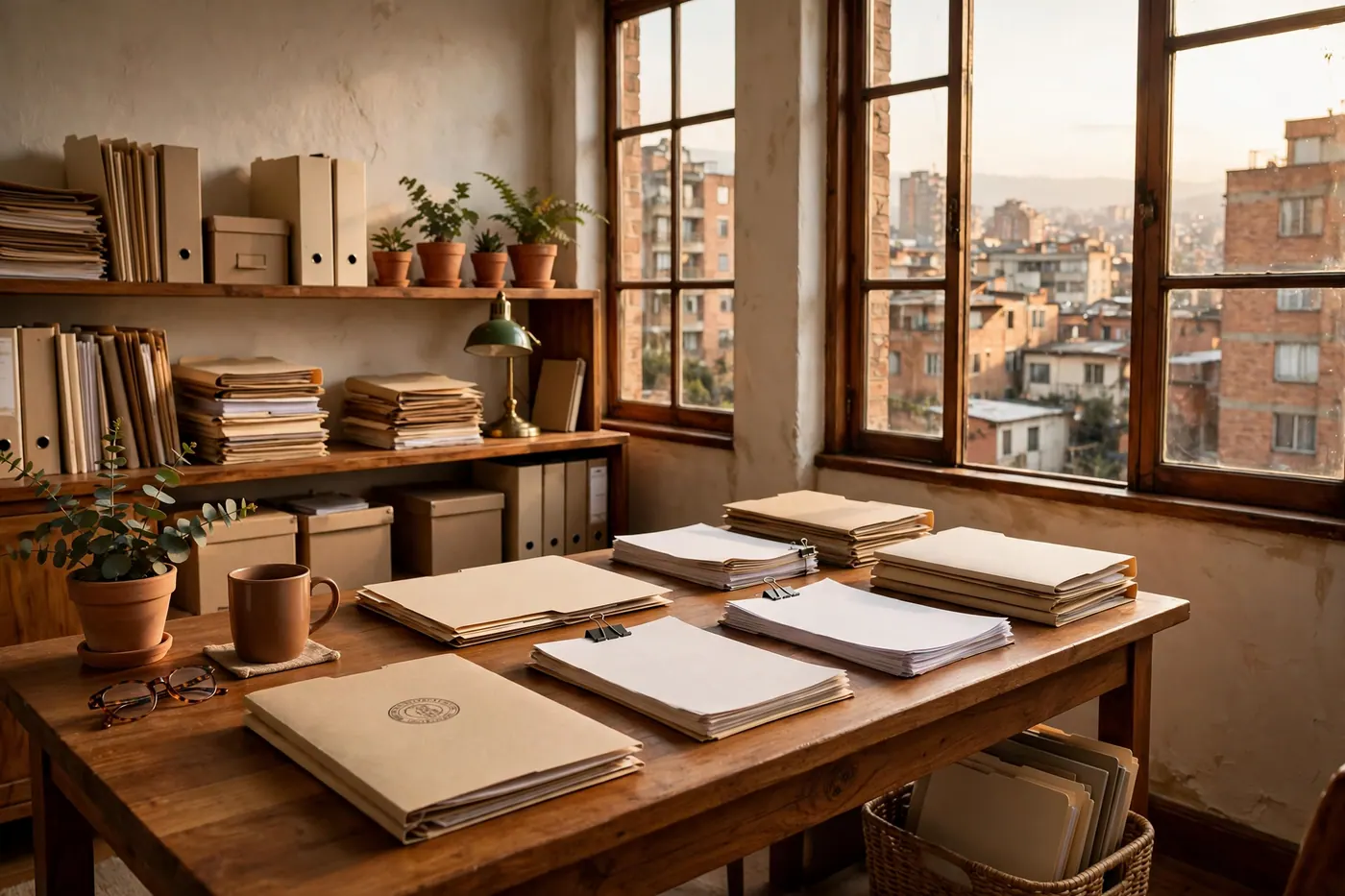 Escritorio de madera en una notaría colombiana con carpetas de escrituras, lámpara de bronce y vista de edificios de ladrillo por la ventana
