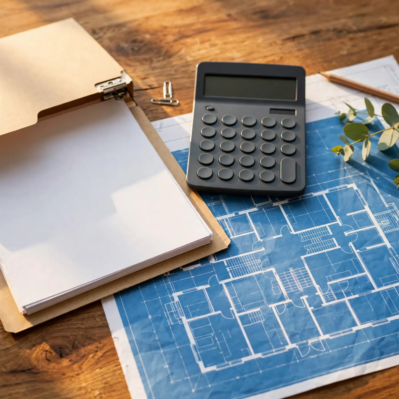 Carpeta de documentos, calculadora y plano arquitectónico azul de una oficina sobre un escritorio de madera