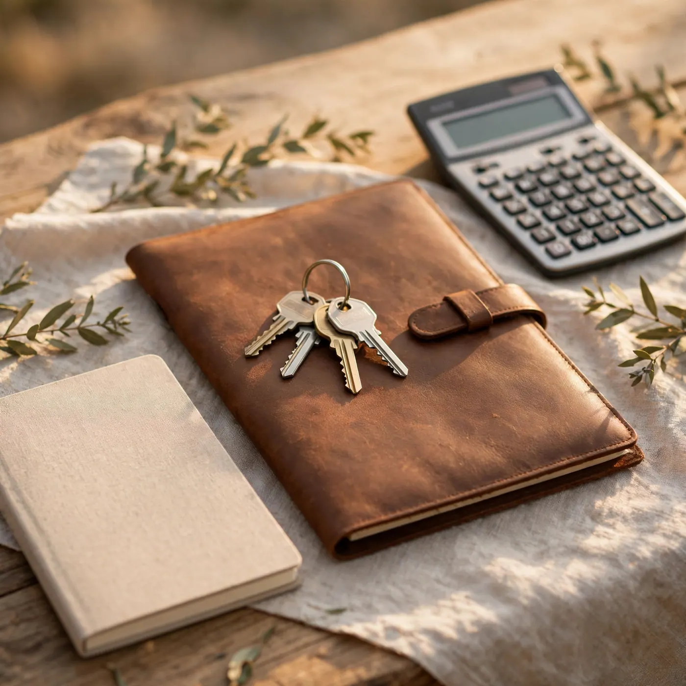 Llaves sobre una carpeta de escritura junto a una calculadora apagada y una libreta en blanco